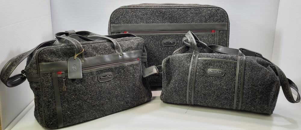*M) Vintage Oscar de la Renta 3 Piece Charcoal Grey Tweed Luggage Duffel Set